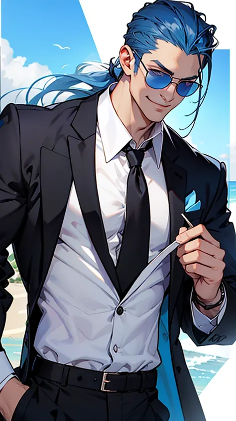 Black suit with white open shirt、Blue Hair、Eyes visible through sunglasses、Handsome man holding candy and smiling while looking at camera、Her neck-length hair is slicked back.、