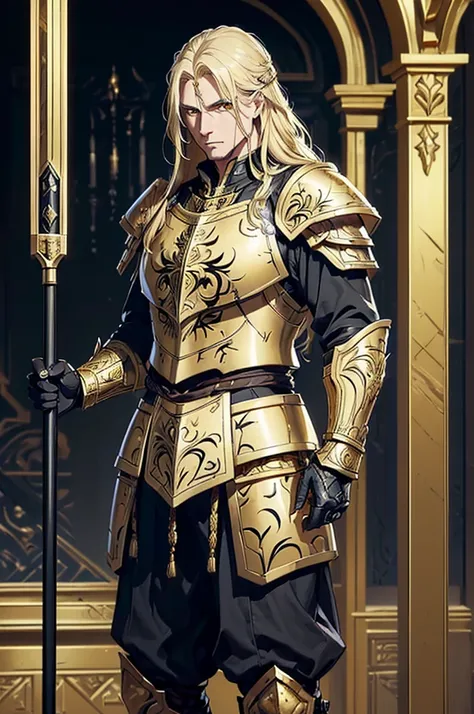 (((work of art, best qualityer), 1 men, standing alone, Older appearance, strong with gold and black armor using war hammer with gold carvings, long blonde hair, Dark yellow eyes