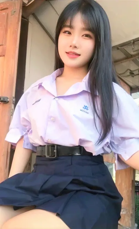 Asian woman in pink shirt and blue skirt standing in grass field, young woman wearing uniform, Thai anime girl, Wear a school uniform, Wear a school uniform, Niwan Chandra, Wear a school uniformญี่ปุ่น, young asian woman, Wearing a headmaster&#39;s uniform...