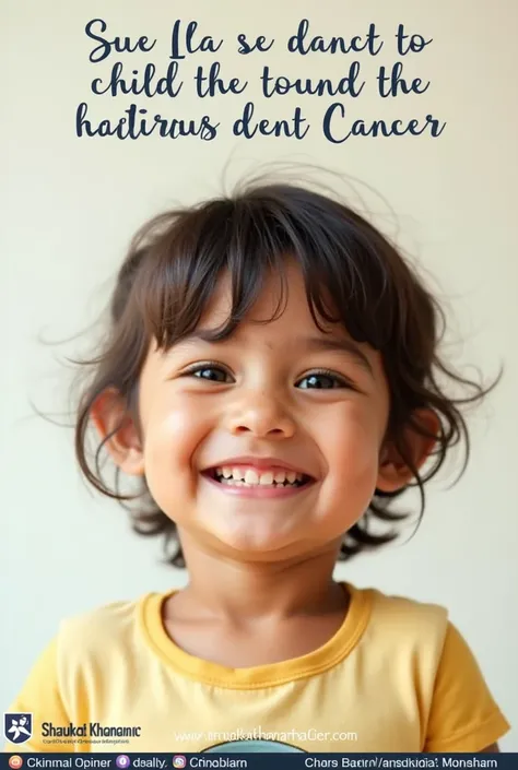 Poster supporting shaukat khanum cancer memorial hospital with a cancer childsmiling and under it a few words saying to help the children and patients by donating 
