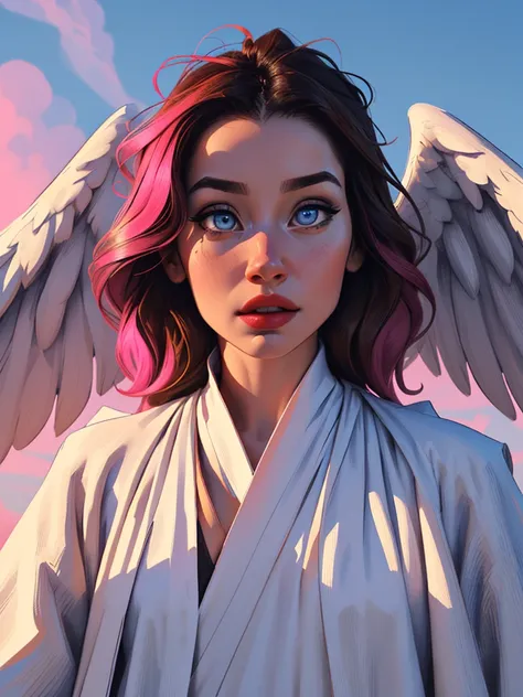 ((raw photo)), ((masterpiece)), anthropomorphic humanoid AngelGirl wearing white noble robe, intricate detail, futobot, intricate Greebles pieces, sky behind, pink, beautiful wings, detailed eyes and lips