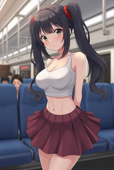 Mastepiece, Best Quality, 8k,Delicate beautiful girl、Best Quality，Delicate facial features，Dynamic Pose， NSFW， Two Girls， Black Hair， Twin tails， Small vibrant breasts，on the train， No bra， ,No panties, Pleated skirt， Spread your legs wide， In the crowd，Ja...