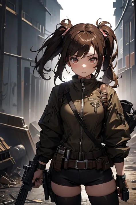 In the spotlight, holding_gun, assault_rifle, Very detailed, Brown Hair, Long Hair, Anime Style, whole body, alone, Stylish Gunfighter Girl, Holding a steampunk long barrel pistol,Standing in the wasteland, 8K high resolution, White Background, The backgro...