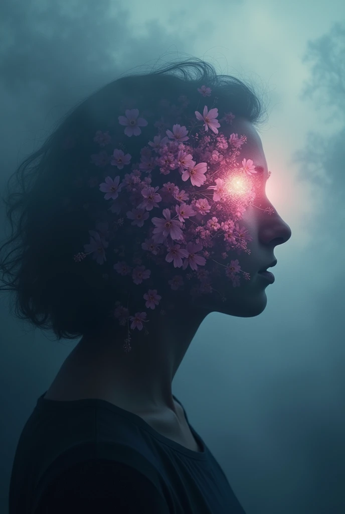 Create an emotionally powerful scene that represents overcoming fear through flower therapy, using brand specific colors. The image must show a person in silhouette, shrouded in a dark mist that represents fear and anxiety. En el centro de la imagen, an ar...