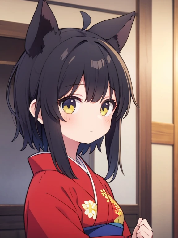 A beautiful girl with black hair and ahoge wearing a kimono