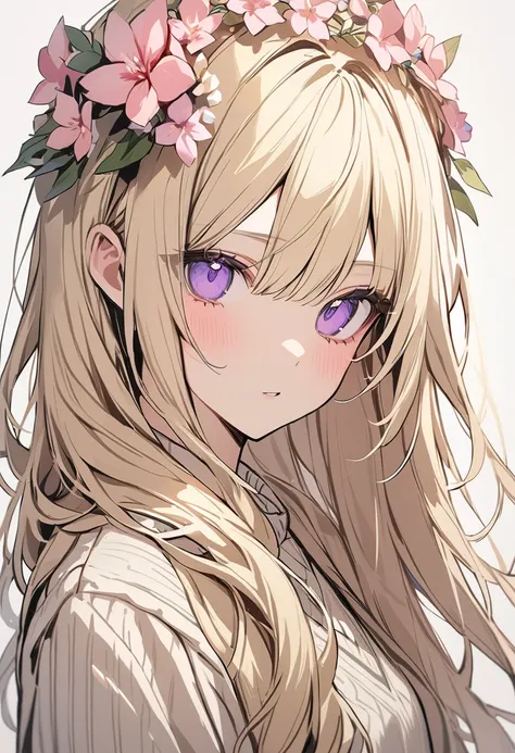 Highest quality, 1girl, solo, blonde hair, long hair, pink flower crown, purple eyes, beige sweater, standing, portrait