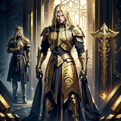 (((Artwork, best quality), 1 men, standing alone, older looking, strong with gold and black armor using war hammer with gold carvings, long blonde hair, Dark yellow eyes