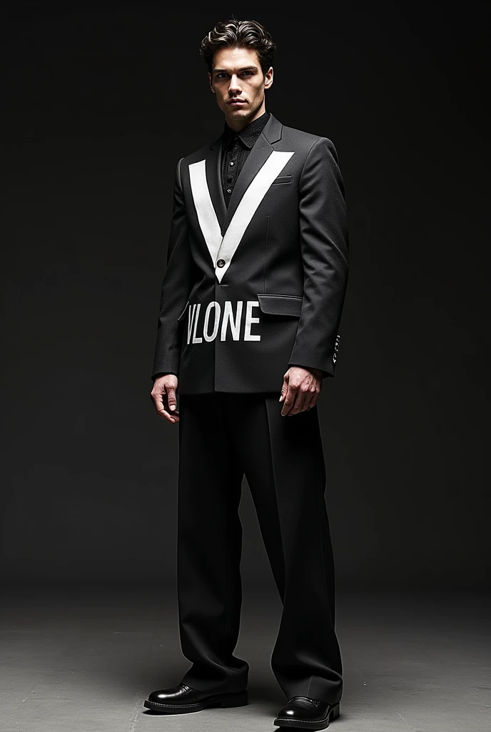 Make a suit with the Vlone symbol in the middle of the suit, that big V from the Vlone brand , make vlone writing, Make a suit