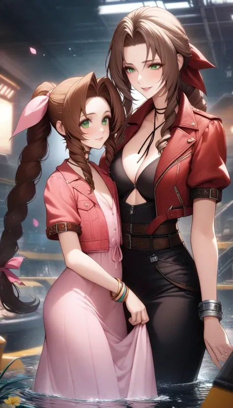 mother and daughter, age_difference, two girl huge each other, masterpiece, best quality, very aesthetic, absurdres, ,aerith_gainsborough, final_fantasy, final_fantasy_vii, final_fantasy_vii_rebirth, final_fantasy_vii_remake, mother and daughter, green_eye...