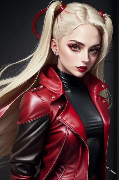 Wearing red leather jacket、Close-up of woman holding gun, lady gaga as Harley Quinn, black canary, elizabeth olsen as Harley Quinn, lady gaga is Harley Quinn, Harley Quinn, portrait Lady Gaga as Queen Halle, emma watson as black canary, red hood cosplay, m...