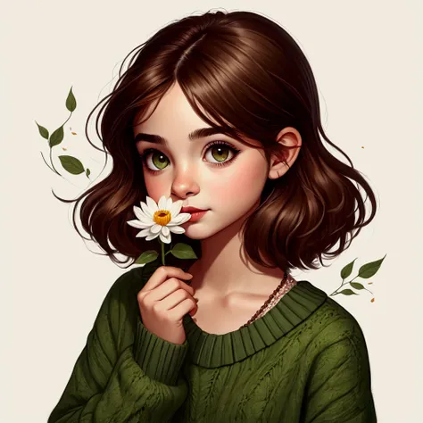 uma mulher com uma flor na mão e um suéter verde, realistic bonitinho girl painting, bonitinho art style, bonitinho detailed artwork, beautiful estilo de desenho, bonitinho illustration, bonitinho digital art, bonitinho detailed digital art, ilustração ser...