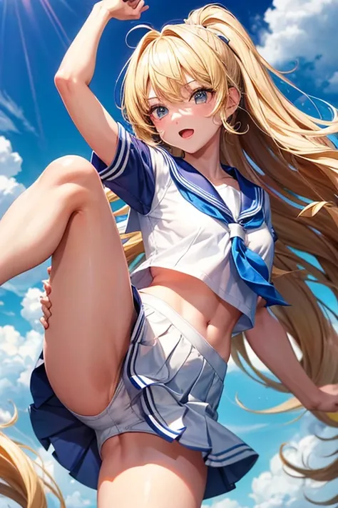 A high school girl in a sailor suit is doing a high kick,long hair,Blonde,White,White shorts