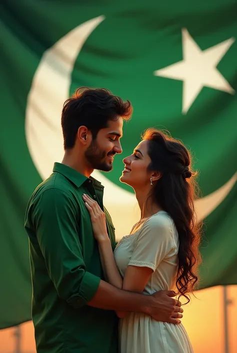 Create an image of beautiful couple with green shirt white pent wear both with romantic mood Pakistani flag background 