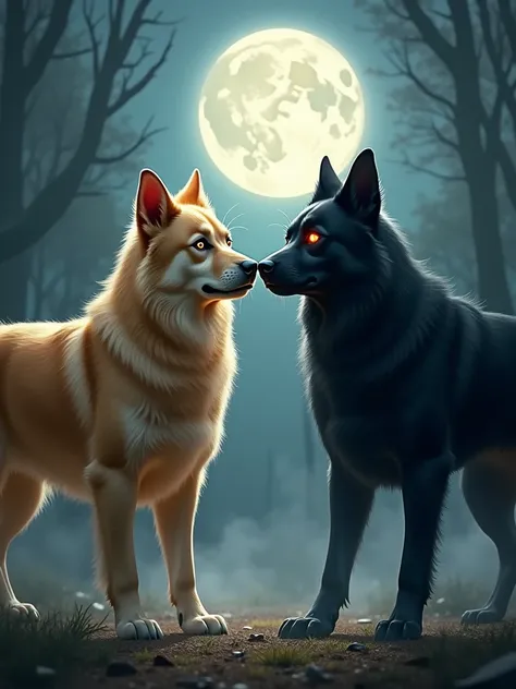 clearing! Here is a detailed prompt to create an AI image that represents the fight between two dogs symbolizing good and evil:

"Create a dramatic scene of a fight between two dogs in a nighttime setting. On one side, a dog with a shiny golden coat, with ...