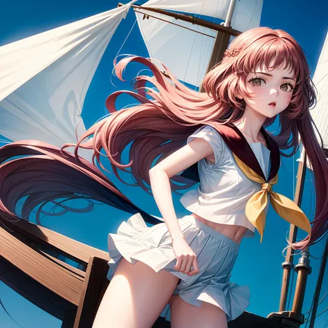 one girl（８age）, pirate, highest quality、cinema lighting、sailor suit、long skirt、 sailboat（galleon）on the mast、white panties,