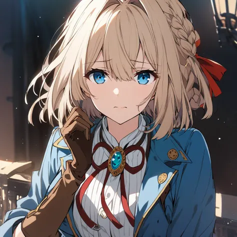 violet_evergarden、1 Girl、solo、looking_at_viewer、Bangs、Blue_eyes、bionde_hair、Gloves、Ribbon、hair_between_eyes、Jewelry、closed_mouth、jacket、hair_ribbon、braid、red_ribbon、hair_intakes、Blue_jacket、brooch、brown_gloves、pinch、cheek_pinching、