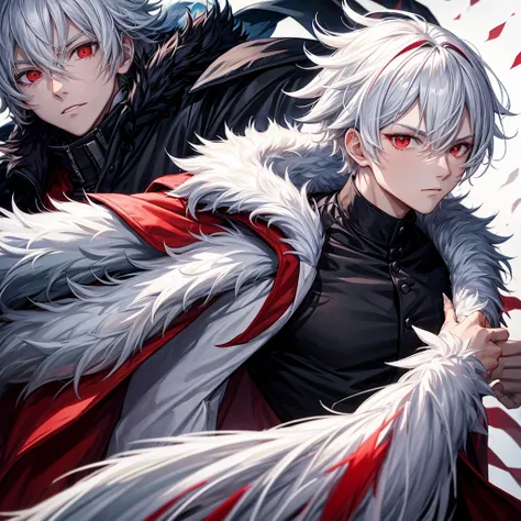 Anime guy character wearing a winter jacket with fur collared, white hair and red eyes, black shirt