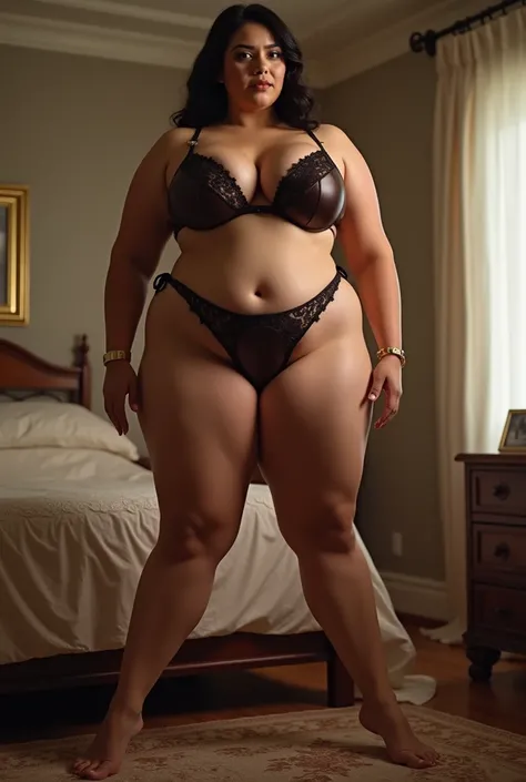 bed room ,araffe woman in a micro bikini posing for a picture, thicc, thick body, thicc build, thick thigs, large thighs, hyperrealistic full figure, exaggeratedly large physique, massive legs towering over you, thick, beautiful thick female, powerful and ...