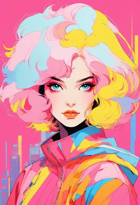 (Highest quality:1.2, City Pop Style, Very detailed, Latest, Vibrant, High Contrast, masterpiece:1.2, Highest quality, Best aesthetics), girl, ((Face Up Shot:1.4)), Colorful Hair, Bobcut, pastel colour, 1980s style, ((Retro, Vintage, Plain background))