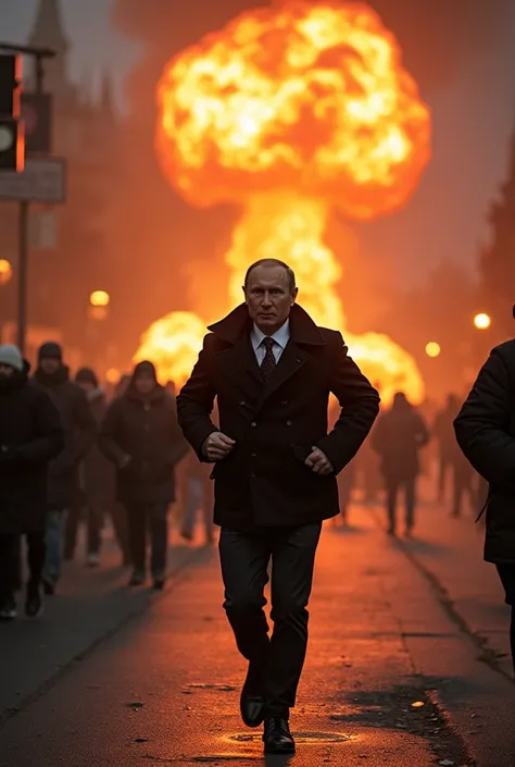 Putin in a panic runs very quickly through the streets of Moscow from a nuclear explosion