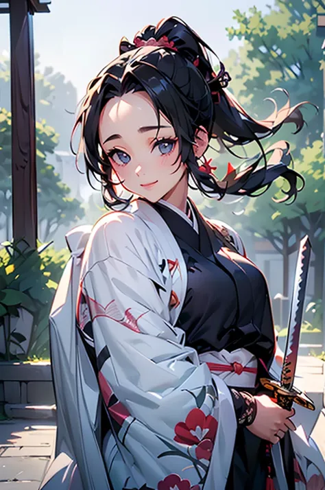 (((beautiful))), (((kimono, Holding a sword))), ((Black Hair, parted bangs, forehead, ponytail, hair ornaments, Chubby)), One Woman, Small breasts, Glowing Skin, (((Intricate details))), High resolution, ((Intricate details, Ultra-detailed)), Are standing,...