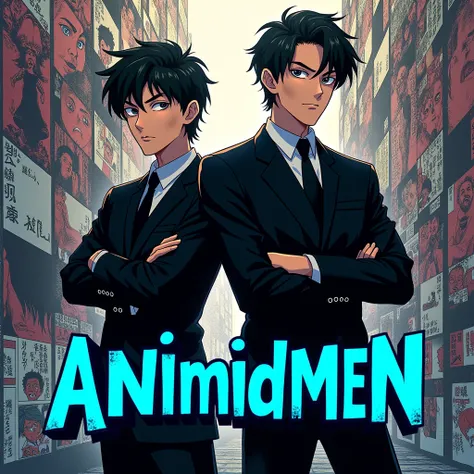 Background is a collage of various action themed manga panels, and in the centre lies animated avatars of a duo of black suited men in an area covering about 40% of the logo below which is written "ANImidMEN" in blue font colour in joker font style in a 1:...