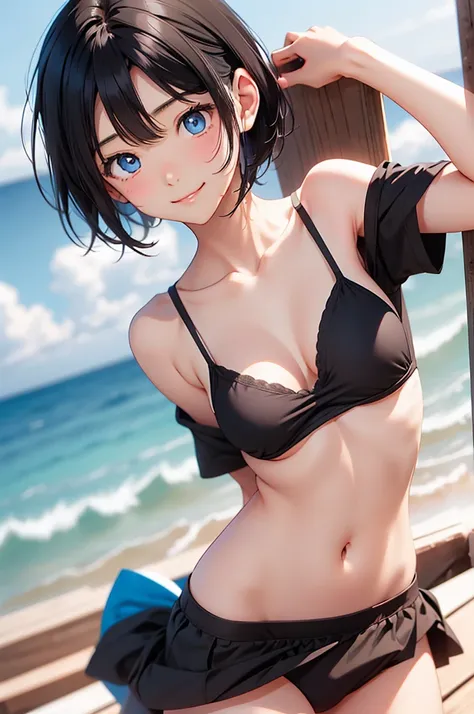 Highest quality、Realistic、girl、Black Hair、Bright Blue Eyes、short hair、Swimwear、日焼けしたDark Skin、Sunburn、Dark Skin、Large Breasts、smile、thin、Ocean、Bust Shot