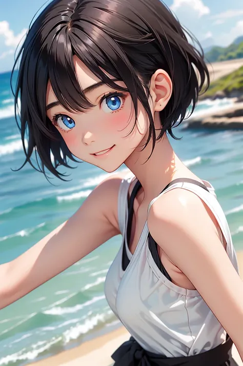 Highest quality、Realistic、girl、Black Hair、Bright Blue Eyes、short hair、Swimwear、日焼けしたDark Skin、Sunburn、Dark Skin、Large Breasts、smile、thin、Ocean、Bust Shot