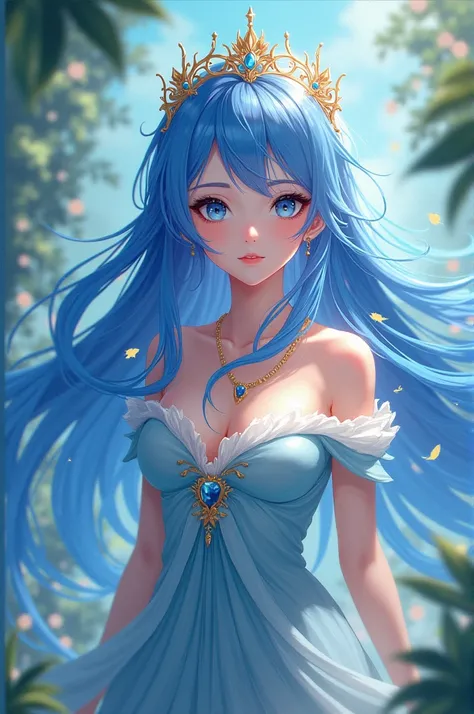 Dressed in blue、Long haired anime girl wearing a crown, ((beautiful fantasy queen beautiful fantasy queen, Belle peinture de personnage, EtherealBeauty, beautiful anime woman, fantasy art style, beautiful anime style, Beautiful fantasy anime, Beautiful ani...