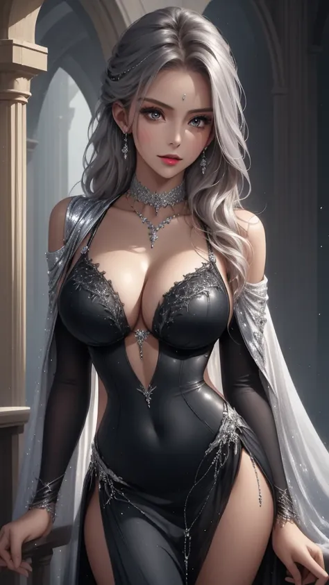 Closeup, Best quality, masterpiece, realistic, Beautiful sexy cool tall, slim, fit woman, wearing fancy silver-black sequin  outfit, intricate and highly detailed, cleavage, long silver hair, body chain, jewelry