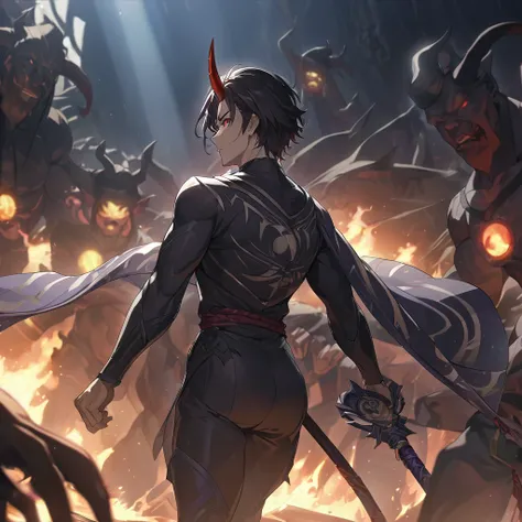 ((alone)), Demon Race, Shogun, Red eyes,Blue-black skin, short hair,devil Horn, Horn, Warrior, Detailed Key Anime Art,Kashmir Art, Authentic shiro, Authentic, Handsome men from Demon Slayer,  darkness, Evil Aura,hell, die, Detailed clothing, Depth of writt...