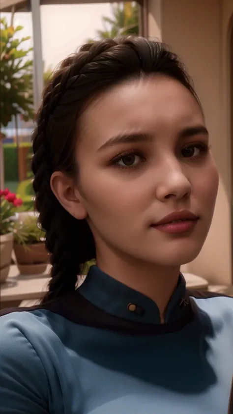 a photo of pretty j3nny-001 (s3stngunf blue uniform:1.2),black pants, long sleeves, photo realistic, looking at viewer, (head and shoulders closeup:1.2). . fcHeatPortrait, (Christina Chong beautiful face, narrowed eyes. smirk. black braided hair,)
