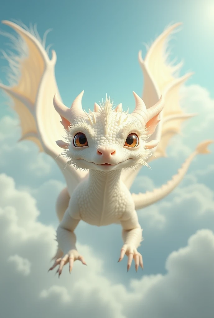 Create realistic light colored dragon flying towards the screen that is slim , tender and hairy