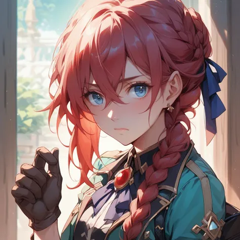 violet_evergarden、1 Girl、solo、looking_at_viewer、Bangs、Blue_eyes、bionde_hair、Gloves、Ribbon、hair_between_eyes、Jewelry、closed_mouth、jacket、hair_ribbon、braid、red_ribbon、hair_intakes、Blue_jacket、brooch、brown_gloves、pinch、cheek_pinching、