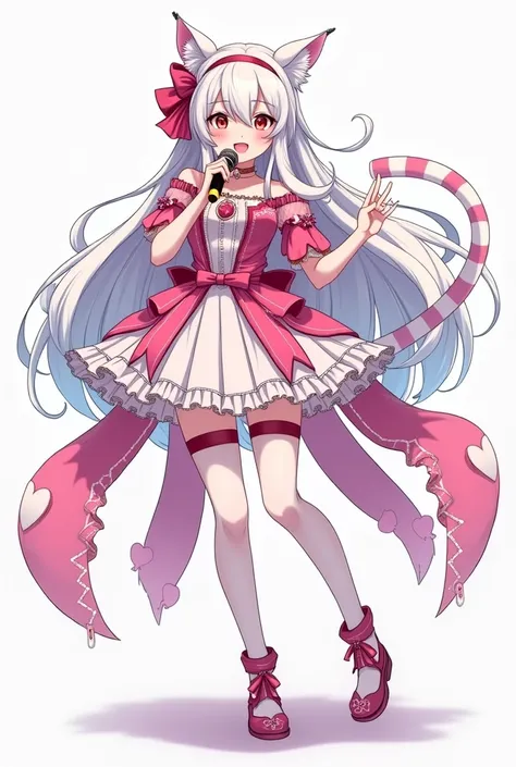 a drawing of a magical girl with anime aesthetics who is an idol with long white hair and cat ears and tail, wearing a short skirt and with a microphone in her hand singing, The dress is very showy and colorful