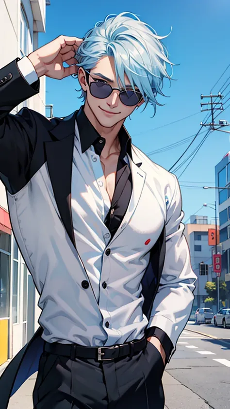 Black suit with white open shirt、Smooth blue hair down her back、Eyes showing through sunglasses、Handsome man holding candy and looking at camera while smiling、hair up to the neck、