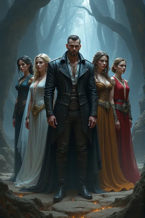 Create a dark fantasy scene featuring a fierce warrior man standing tall in the center. He should fashionable leather jacket. Surrounding him are his four wives, each with unique, warrior attire that reflects their distinct personalities. They should be po...