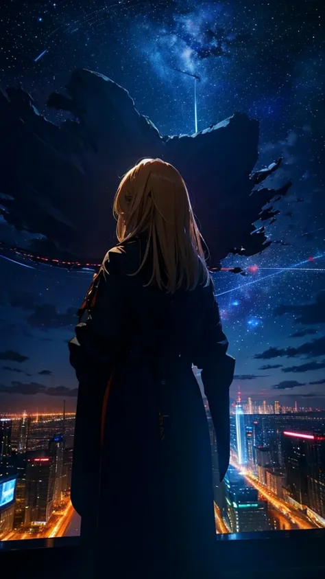 １people々々々々々々々々々々々々々々々々々々,Blonde long-haired woman，Long coat， Dress Silhouette， Rear View，Space Sky, comet, Anime Style, City night view from the rooftop，A pillar of light stretching into space，Destroyed city，