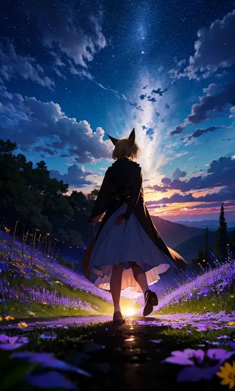 １people々々々々々々々々々々々々々々々々々々々,Woman with medium length blonde hair，Fox Ears，Long coat，Takageta， Dress Silhouette， Rear View，Space Sky, Flower Field，Colorful flowers，Dancing Petals，full moon，shrine，