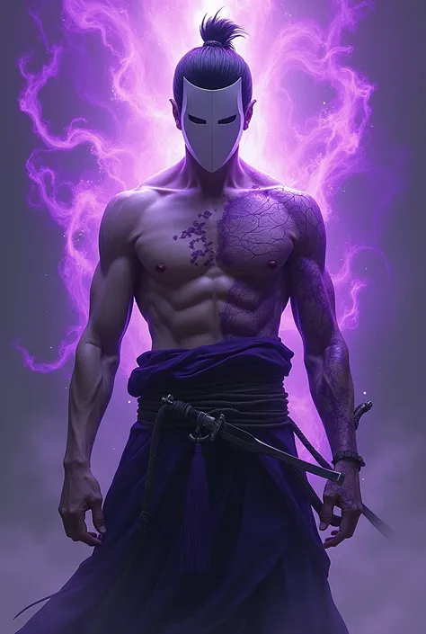 Create me a samurai with a purple aura and purple rays around him with a white mask full of scars on his body, short hair, entire body, be thin