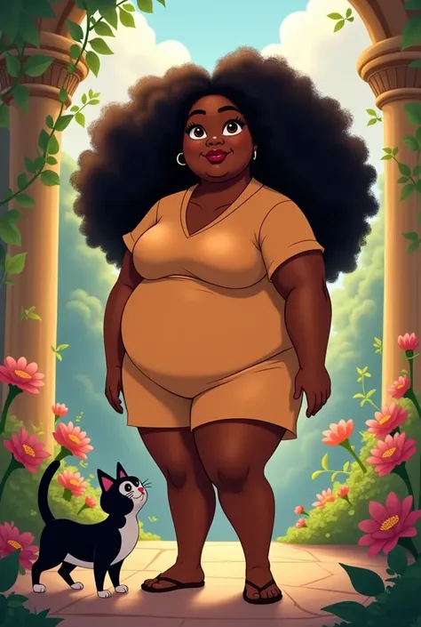 a disney image of a plump, dark-skinned woman, curly hair; that she is standing and accompanied by a black and white cat