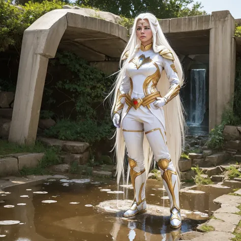 (((full body image))) a beautiful female warrior, with long white hair and eyes, wearing white and gold dc comics shazam armor，t...