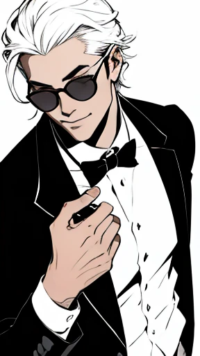 monochrome、black suit with white open shirt、smooth white hair down to her back、eyes showing through sunglasses、handsome man hold...