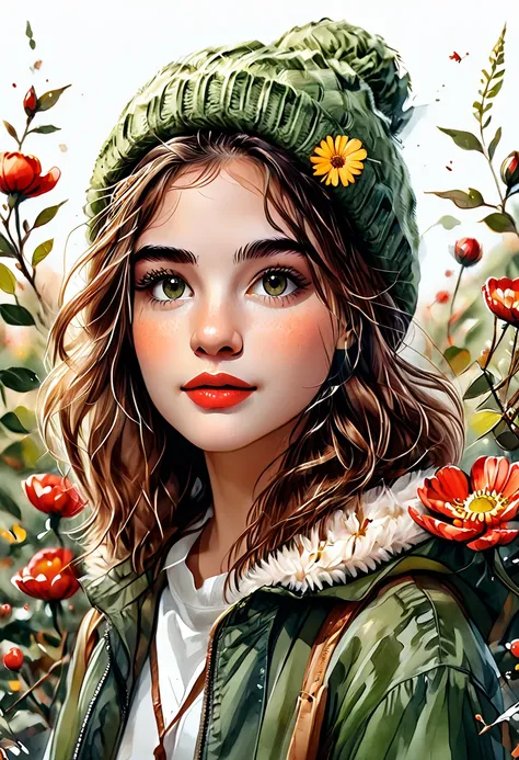 uma ilustracao em aquarela de uma mulher com uma flor na mão e um suéter verde, realistic bonitinho girl painting, bonitinho art...