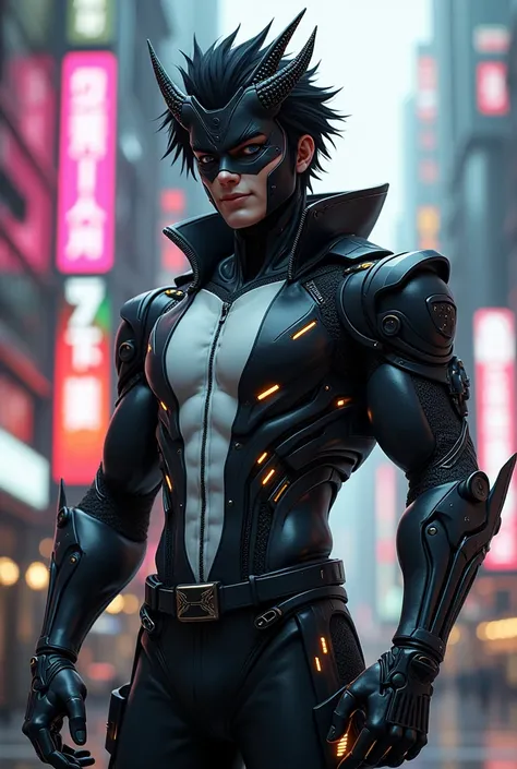 make me an oc with black hair oni mask tight clothing and futuristic cyberpunk style male smiling with white clothes with black contrast and cyborg parts MALE 