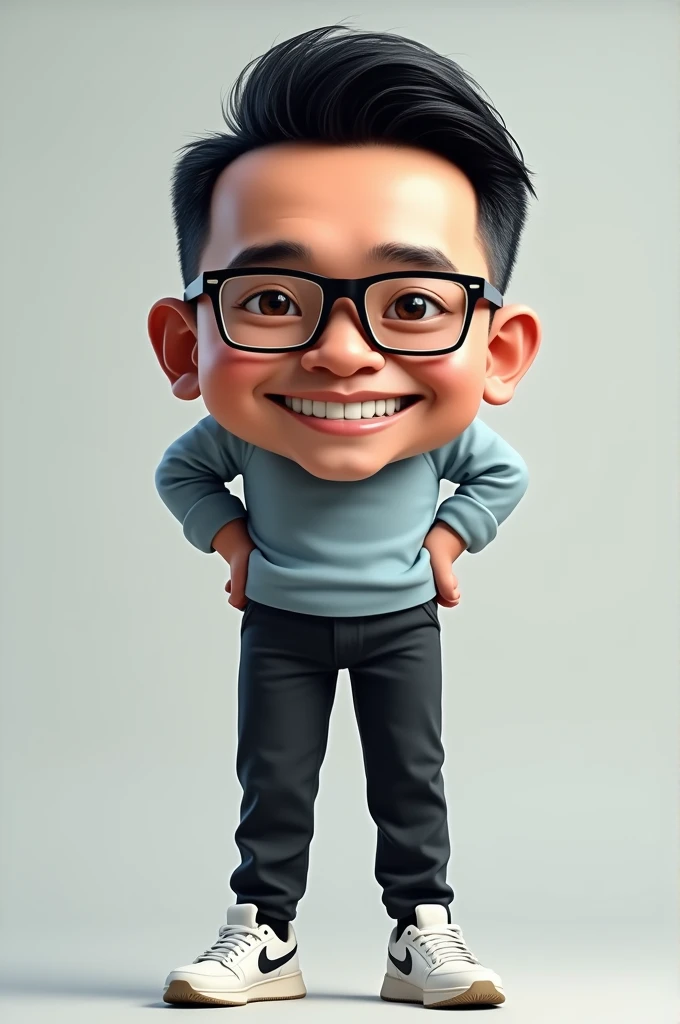 Picture of a 40 year old Indonesian man, face is Indonesian actor and comedian Andre Taulany, short black hair, wearing glasses, wearing a light blue long-sleeved shirt, black casual pants, white Nike sports shoes