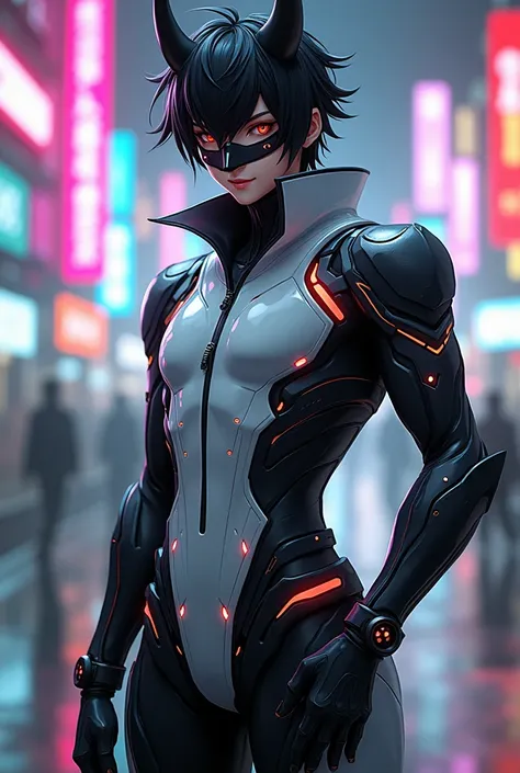 make me an oc with black hair oni mask tight clothing and futuristic cyberpunk style smiling male with white clothes with black contrast and cyborg parts MALE No muscle 