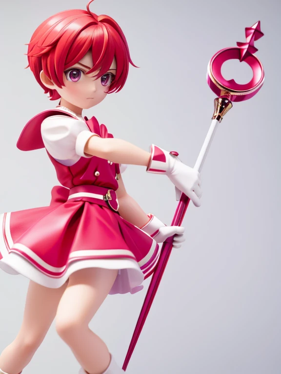 Magical giel、Primary school students、Young girl、、height: 130cm、Short Hair、Shortcuts、boyish、Circlet、Character portrait、spats、hot pants、Magical Girl Costume、Red clothes、Red Hair、Red eyes、Magic wand、Fighting gloves on hands
