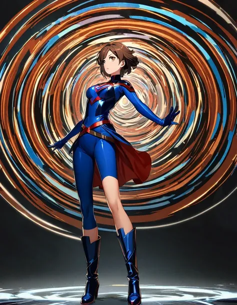 1 Girl, Solitary, Solitary focus, A female superhero spinning in place like a tornado, whirlwind spinning, Medium breasts, Stand Up Straight, Tights, red and blue Tights, Bare Legs, boots, matching boots, Gloves, matching Gloves, Brown hair, whole body