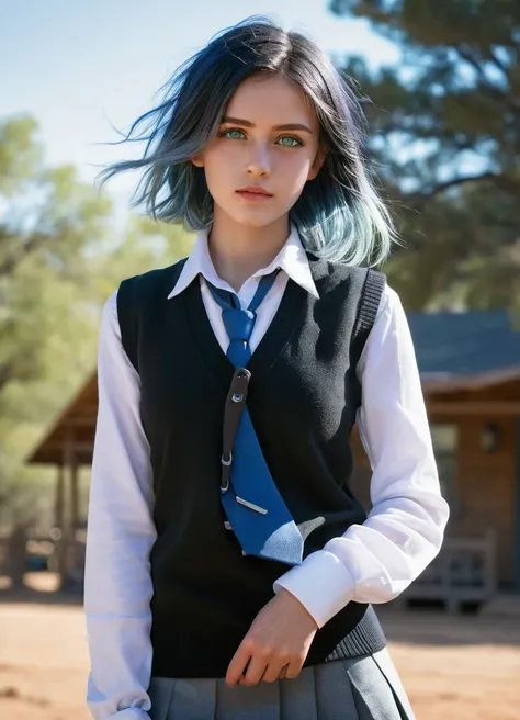 masterpiece, realism, high quality, 8k, beautiful lighting, dynamic pose, 1girl, solo, green eyes, medium_hair, white shirt, sweater vest, black vest, blue necktie, grey skirt, outdoors, cowboy shot, looking at viewer, blue hair, 